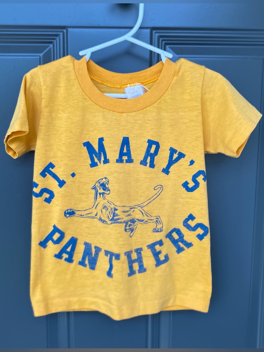 RARE Vintage 1980s St. Mary’s Panthers Youth Tee 6-8 SMCC Yellow Blue Varsity